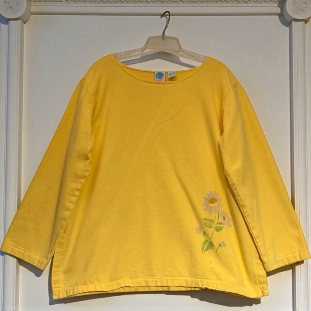 Vintage WEK WOMAN L Tunic Yellow Floral Print Made in USA Feminine Boho